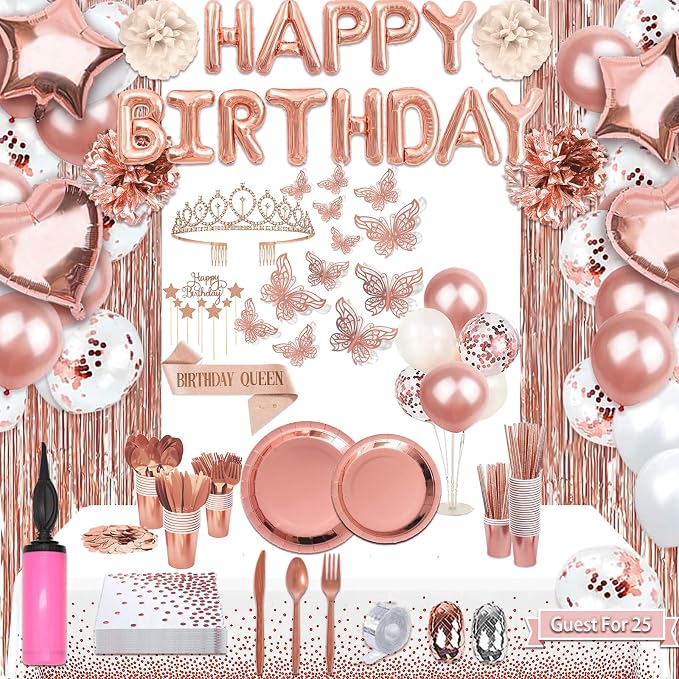 Guudmua 285 Pcs Rose Gold Party Decorations, Birthday Decorations For Women Or Girl - Knives, Forks and Spoons, Tiara, Butterfly, Sash, Paper Pom Poms, Balloon Stand, Tableware For 25 Guests