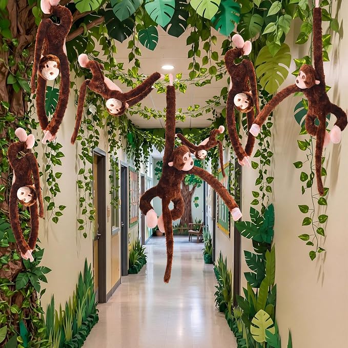6 Pcs Hanging Monkey Stuffed Animal Jungle Classroom Party Decoration with 12 Pcs 7.22ft Artificial Vine Plush Hook and Loop Fastener for Kids Rainforest Safari Birthday VBS(Dark Brown,21 Inch)