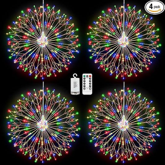 Lewondr Christmas Firework Lights, 4 Pack Hanging Fairy Lights with Remote, 210 LED Lights, 8 Modes, Waterproof Firework Starburst String Lights for Outdoor Indoor Home Decor, Multicolor
