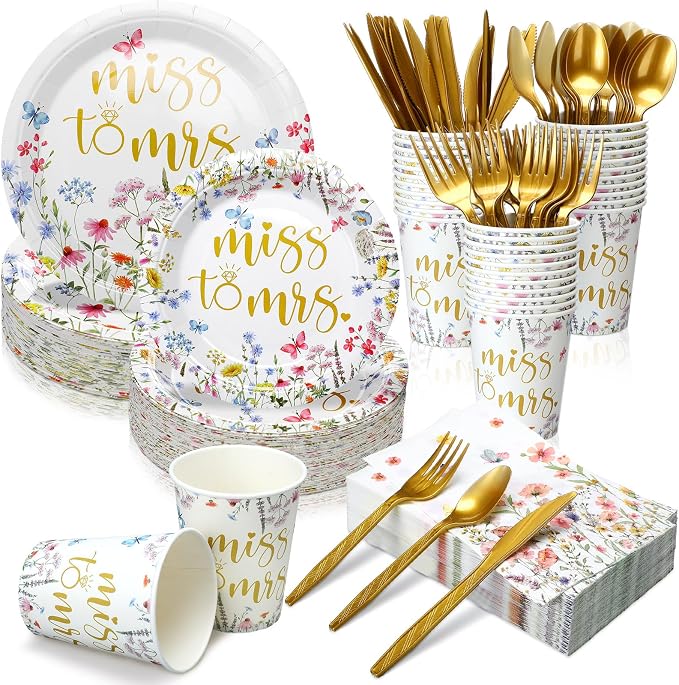 400 Pcs Miss to Mrs Plates and Napkins Sets Bridal Shower Disposable Dinnerware Wedding Party Supplies Spring Plates Baby Shower Party Decorations