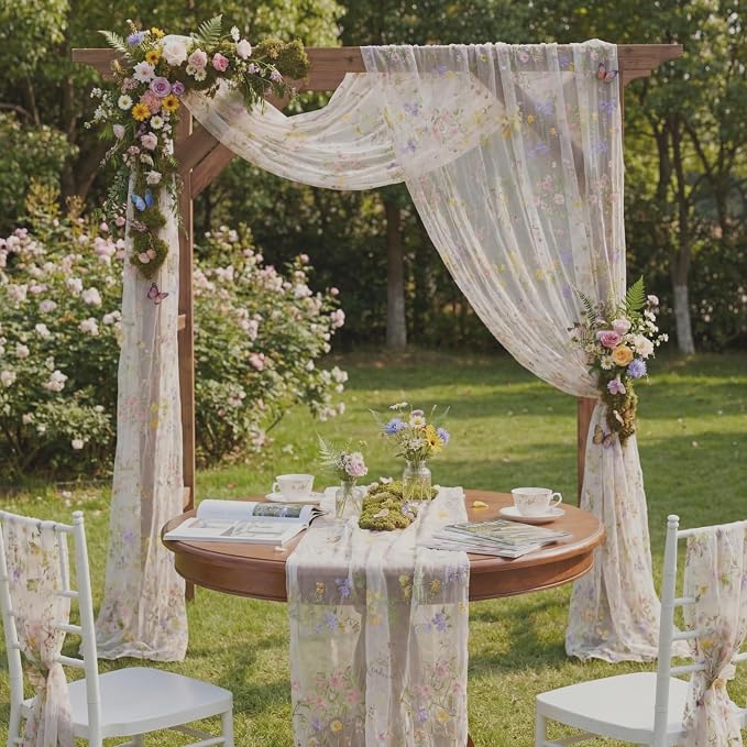 Ivory White Floral Table Runner 10ft Embroidery Tulle Spring Wildflower Table Runner Seasonal Summer Butterfly Kitchen Dining Gauze Decoration for Wedding Baby Shower Birthday Party (3 Pcs)