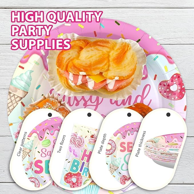 Grencian 96 Pcs Sweet Sassy and 7 Birthday Decorations Donut 7th Birthday Party Decorations for Girls Colorful Donut Plates and Napkins 7 Years Old Disposable Party Supplies Serves 24