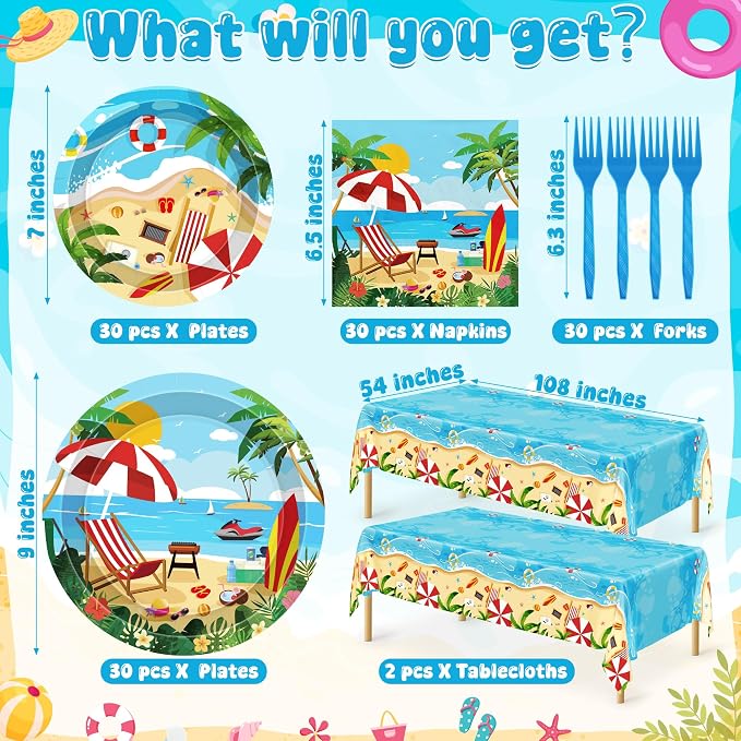 QZYL 122PCS Summer Plates and Napkins, Disposable 9" and 7" Beach Paper Plates Summer Party Decorations, Seaside Plates, Napkins, Forks, Tablecloths Serves 30, Birthday Picnic Beach Party Decorations