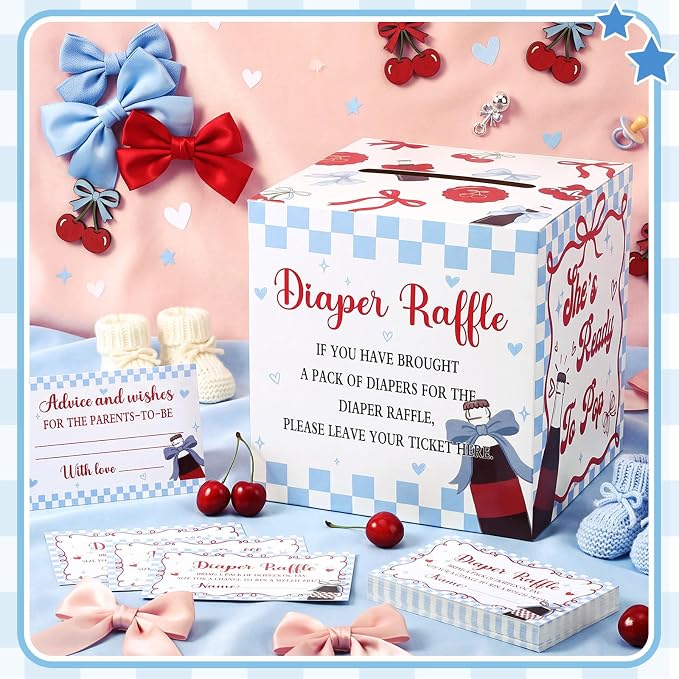 Teling 51 Pieces Diaper Raffle Tickets with Card Box Baby Shower Decorations Baby Shower Holder Box for Girl Boy Diaper Raffle Party(She's Ready to Pop, blue)
