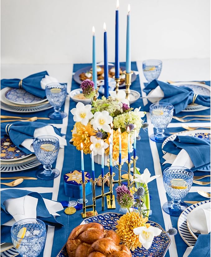 Solino Home Linen Indigo Blue Table Runner 144 Inches Long - 100% Pure Linen Extra Long Table Runner 14 x 144 Inch for Spring, Summer, Mothers Day - Classic Hemstitch
