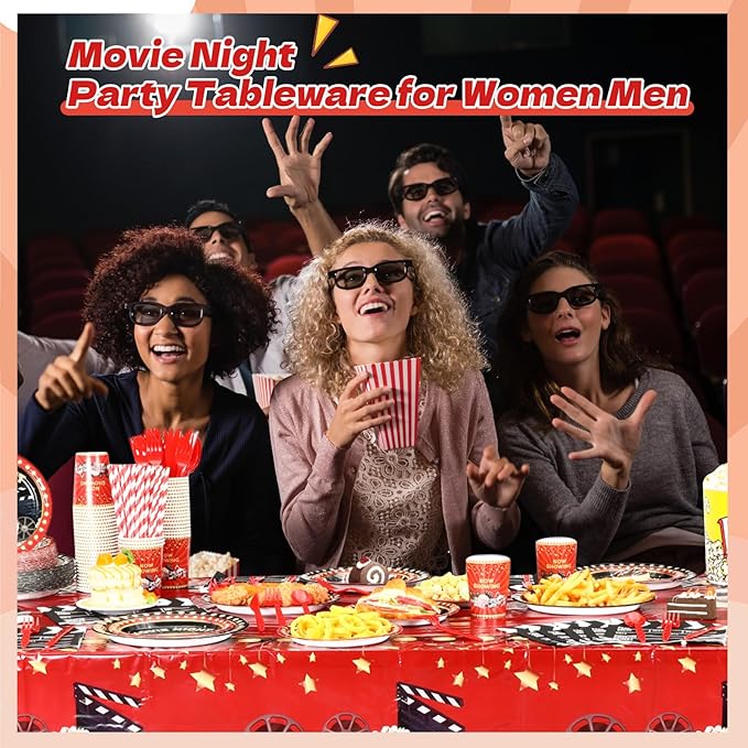 Funnymoom 452 Pcs Movie Night Party Decorations Supplies Set Include Movie Theme Birthday Paper Plates Napkins Cups Tablecloth Cutlery Straws for Now Showing Red Carpet Birthday Party