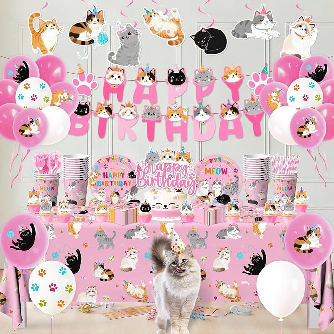 204Pcs Cat Birthday Decorations - Cat Birthday Party Supplies Include Plates,Napkins,Banner,Tablecloth,Hanging Swirls,Cake Toppers Pink Themed Decoration for Boys Girls Party Serves 24