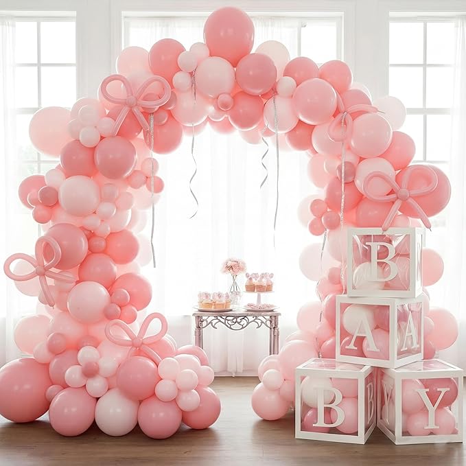 154Pcs Coquette Pink Bow Baby Shower Decorations for Girl - Soft Pink Balloon Arch Garland Kit with 4 Baby Boxes - DIY Long Balloons for Bows, Princess Birthday Party Supplies, Gender Reveal