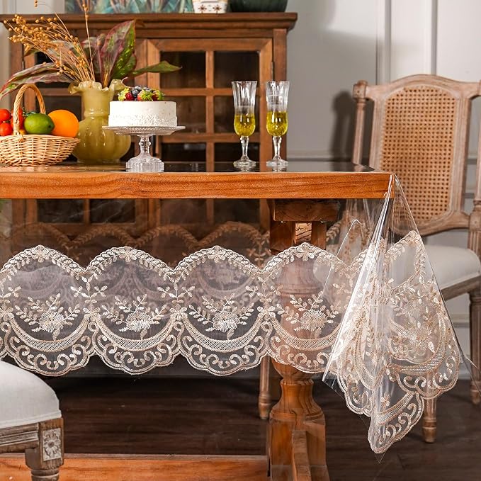 ARTABLE Vinyl PVC Rectangle Tablecloth Waterproof Clear Table Cover with Champagne Lace Macrame Border for Wedding Kitchen Home Outdoor Indoor Holidays Party Decor (Champagne-1, 60 x 84 Inch)