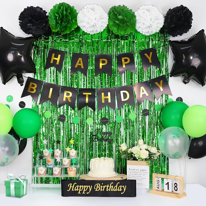 Green and Black Birthday Decorations, 50PCS Happy Birthday Decorations for Men with Banner Balloons Sash Foil Fringe Curtain Paper Pompoms, Green Party Decoration Party Supplies for Mens Boys Kids