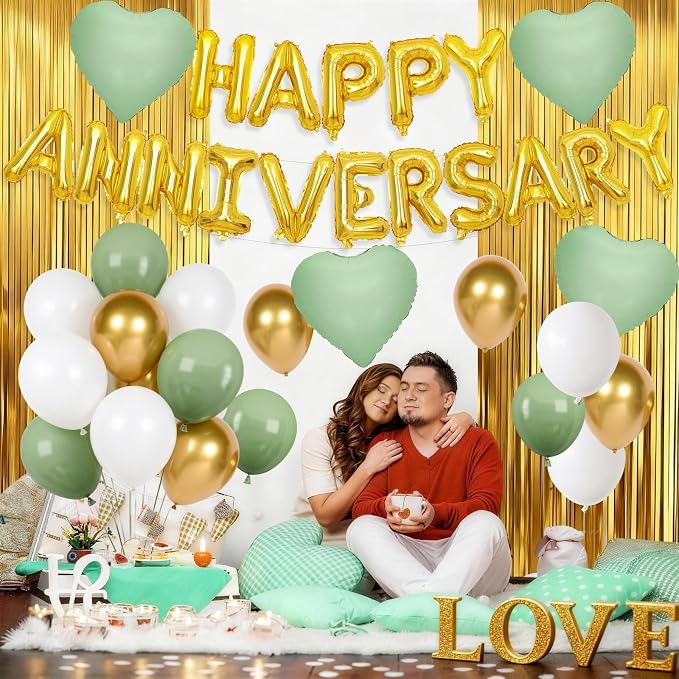 Anniversary Decorations Green Gold,Happy Anniversary Balloon Banner with Heart Foil Balloons Fringe Curtain for Wedding Party Valentine's Day Romantic Night Surprise