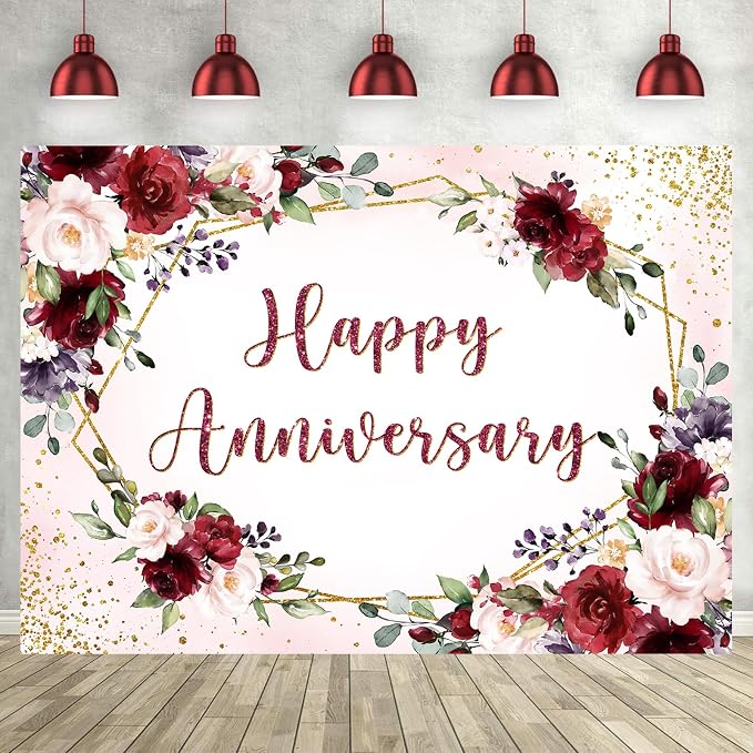 InMemory Happy Anniversary Backdrop Burgundy Flower Rose Wall Decoration Banner Couple Marriage Engagement Bridal Shower Wedding Anniversary Party Photography Background Photo Props 8x6ft