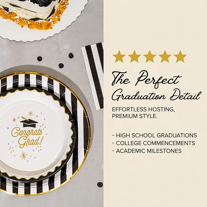 Graduation Celebration, Stylish Tableware Set for 8 Guests – Black/White