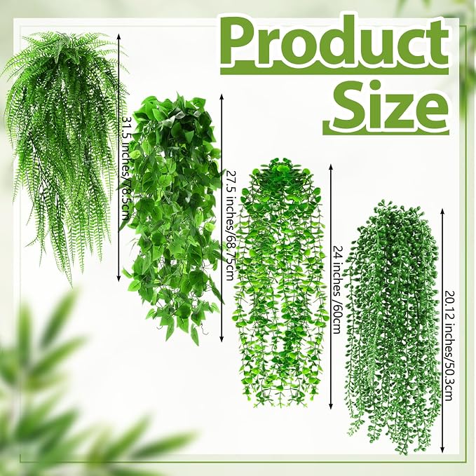 Daifunli 72 Pcs Artificial Hanging Plants Fake Hanging Ferns Plastic Fake Plant for Wall Room Garden Garland Indoor Outdoor Decor No Basket (Boston,Eucalyptus,Ivy Vine,String of Pearls)