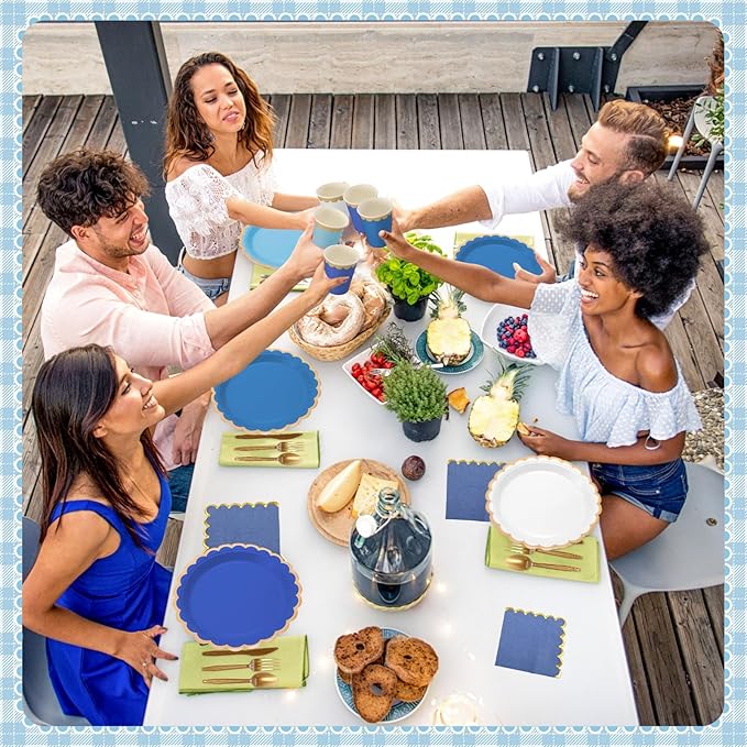 Mimorou 169 Pcs Royal Blue and Gold Party Supplies for 24 Guests, Gradient Blue Scalloped Paper Plates Napkins Cups Gold Cutlery for Ocean Sea Graduation Baby Shower Birthday Wedding Party Decorations