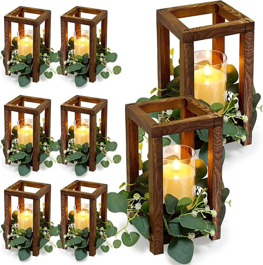 18 Pcs Wooden Lantern Centerpiece - Wedding Lantern with Eucalyptus Candles Wreaths LED Flameless Candles Rustic for Country Wedding Party Farmhouse Table Decor