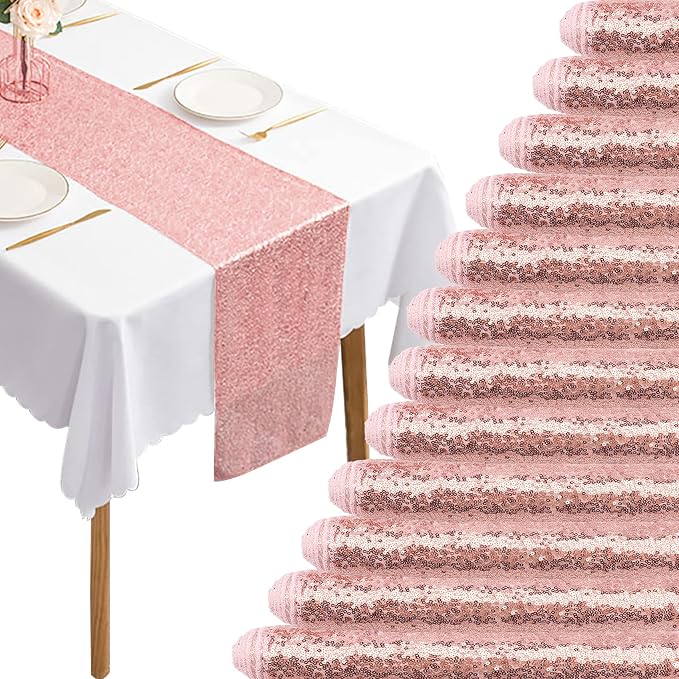 12 Packs 12 X 72 Inch Sequin Table Runner Glitter Dining Table Runner for Birthday Wedding Engagement Bridal Baby Shower Bachelorette Holiday Celebration Party Supplies Decorations (Rose Gold)