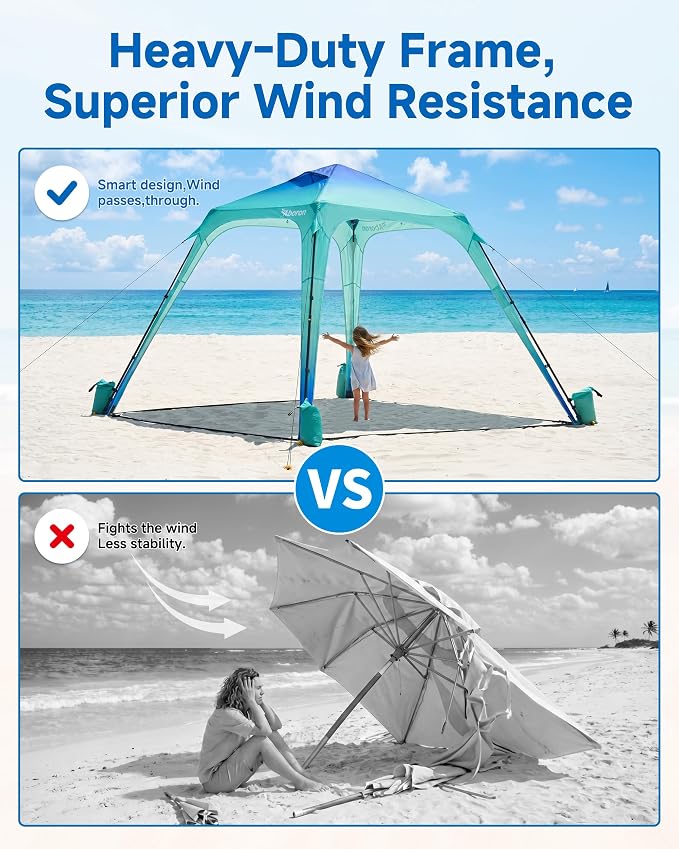 Slsy Beach Tent 10 x 10 FT, Beach Shelter with Removable Side Wall, UPF 50+ Canopy Cabana for Sun Protection, Easy Setup Shade with Sandbags, Stakes & Guy Lines, Wind Resistant, Fits 6-8 People
