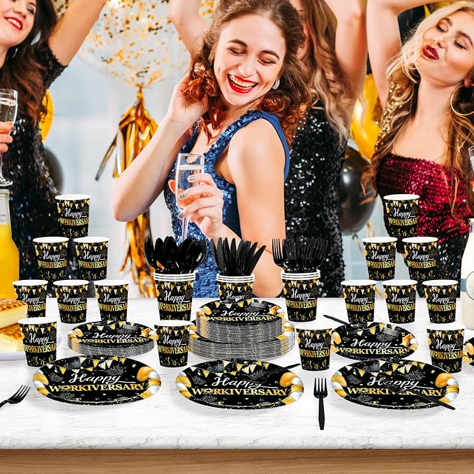 168Pcs Happy Workiversary Party supplies for Men Women, Serves 24 | Black Gold Happy Work Anniversary Plates and Napkins Cups Tableware Set for Worker Employee Appreciate Office Decorations