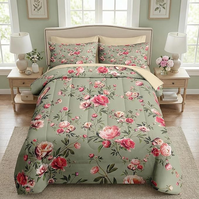 Nesker 5 Pcs Comforter Set Twin Size, Vintage Floral Beige Bedding Set for Kids and Adults, Rose Flower Pink Bed Sheet Sets with Fitted Sheet Pillowcases & Shams