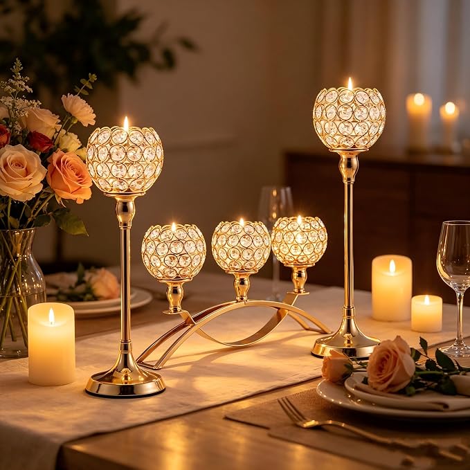 Set of 3 Gold Candle Holders Wedding Table Centerpieces,Tealight Candlestick Candelabra Stand with 3 Arms for Fireplace Home Living Room Decor,Valentine's Day Housewarming