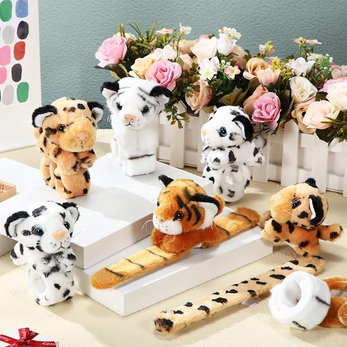 Lenwen 8 Pcs Stuffed Tiger Leopard Animals Slap Bracelets for Kids 8.66 Inch Back to School Plush Animal Bracelets Adopt a Tiger Cheetah Party Favors Wrist Slap Snap Band Toy for Boys Girls Birthday