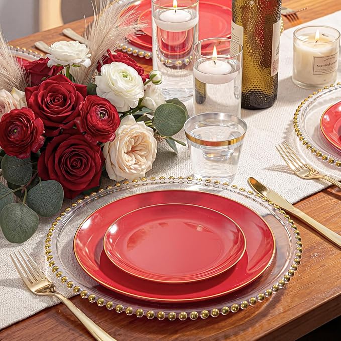 WDF 150Pcs Red Plastic Plates - Red Plates Disposable - 25Guest Christmas Dinnerware Include 25 Dinner Plate, 25 Dessert Plate, 75 Cutlery & 25 9oz Cups for Baby Shower Wedding Spring Mother's Day