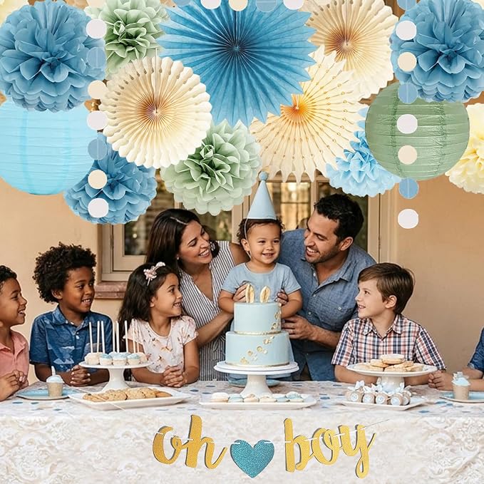 Dusty Blue Sage Green Baby Shower Decorations Oh Boy Banner Light Blue Tissue Pom Poms Flowers Beige Paper Fans Lantern Circle Dot Garlands for Birthday Boho Baby Boy Shower Party Decorations