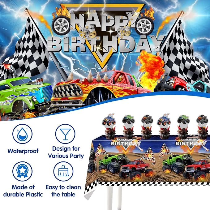 Monster Truck Birthday Decorations for Boys, Extreme Off-Road Racing Party Supplies Include "Happy Birthday" Backdrop, Balloon Arch Garland, Tablecloth, Cake Toppers, Truck and Tire Foil Balloons