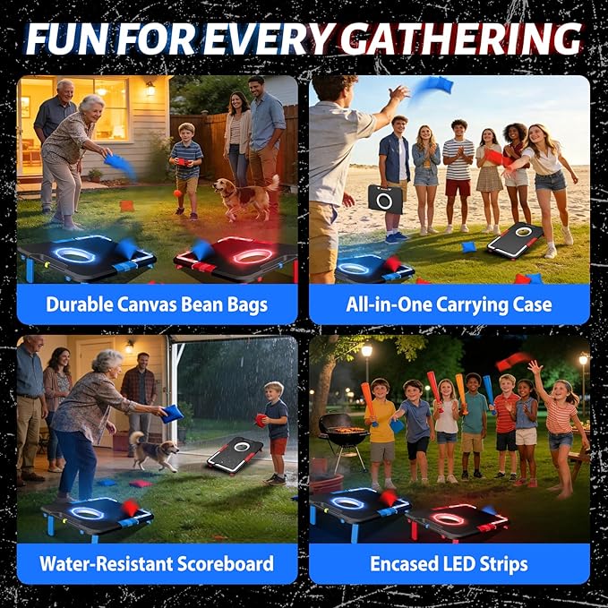 LED Cornhole Board Set, Light-Up and Travel Cornhole Boards Games Set, Corn Holes Outdoor Game, Corn Hole Game Set w/ 2 Boards, 8 Beans Bags for Backyard, Beach, Lawn (Black)