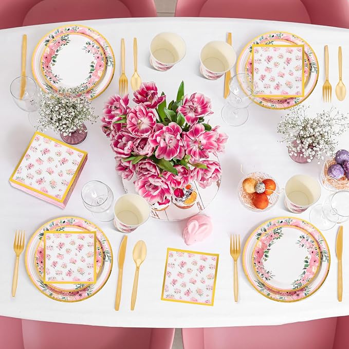 Ziliny 350 Pcs Floral Party Supplies Tableware Set Disposable 9'' 7'' Paper Plates 9 oz Cups Cutlery Napkins Dinnerware for Baby Shower Bridal Wedding 1st Birthday, Serve 50 (Floral, Rose Gold)