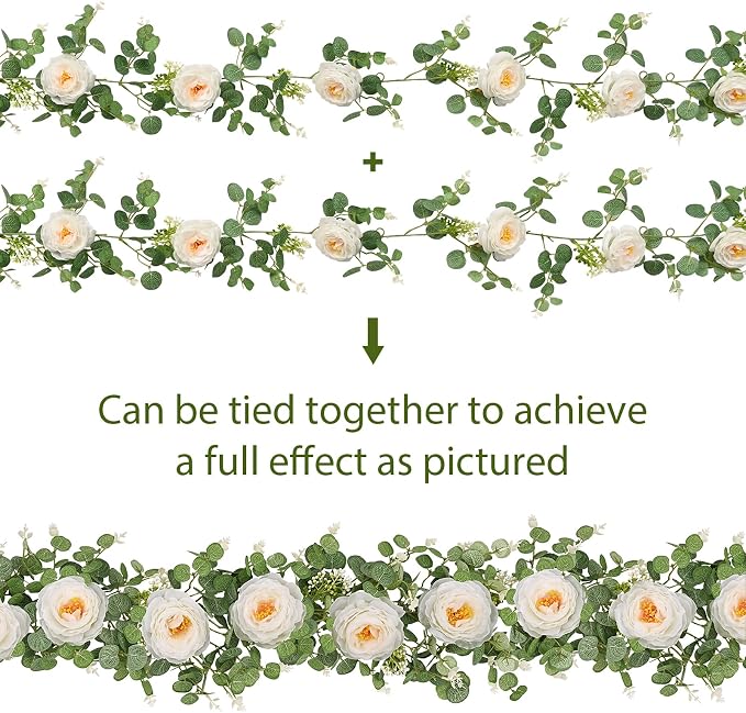 Dolicer 4Pcs 26Ft Artificial Eucalyptus Garlands with Flowers, Faux Floral Greenery Garlands Fake Flowers Vines for Wedding Table Centerpieces Arch Party Ceremony Backdrop Decor (White)