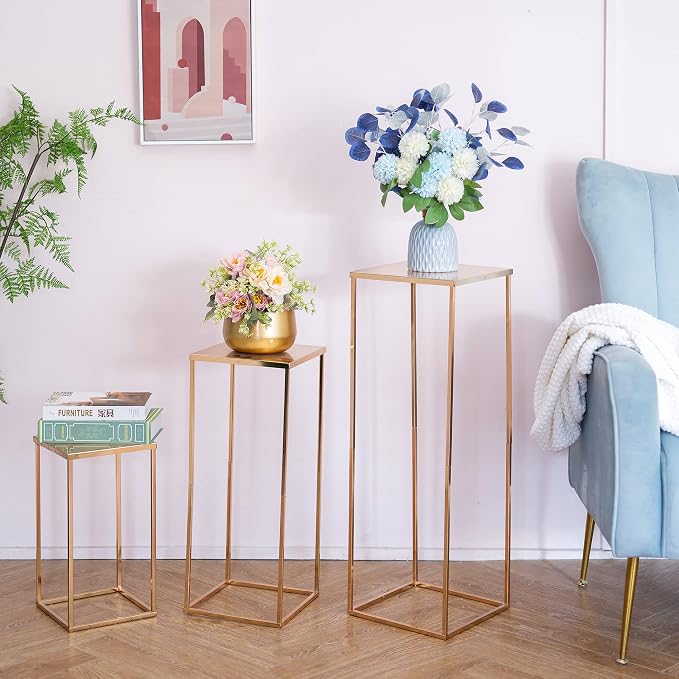 Gold Tall Stand for Wedding: 15.8in, With Metal Panel, Packs of 10 | Columnar Cube Shape, Easy to Assembly, Flowers Cakes Drinks Display Table Centerpieces for Wedding Party Event
