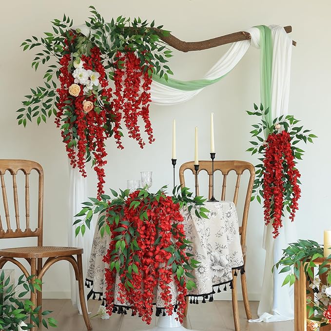 mizii 6Pcs Red Wisteria Hanging Flowers 48" Silk Wisteria Artificial Flowers Garland Vines Fake Hanging Flowers Decoration for Wedding Flower Wall Backdrop Centerpieces Room Decor (Red)