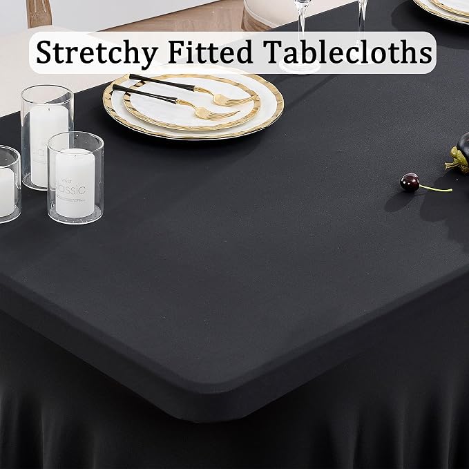 4 Pack Black Spandex Tablecloth for 5 Foot Rectangle Tables, Wrinkle Free Fitted Table Clothes Cover 5ft Stretchy Tablecloths with Skirt for Parties Weddings Birthday Banquet Baby Shower