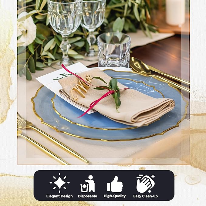 Exquisite Plastic Plates for Party 40 Piece Fancy Plastic Dinner Plates For 20 Guests 20 X 7.5 Dessert Plates & 20 X 10 Thin Delicate Disposable Dinnerware Charger Plate Spring Lake Gold Rim