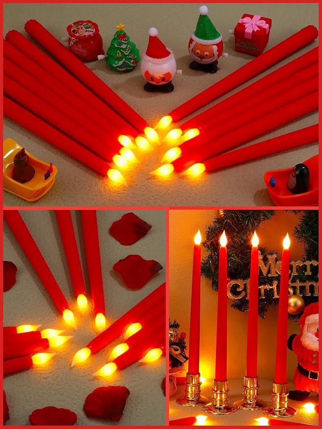 Funtery 48 Pcs Flameless LED Taper Candles Battery Operated Candles Bulk Realistic LED Candlesticks Flickering for Wedding Church Party Home Decor(Red, Green,11 Inch,Classic Style)