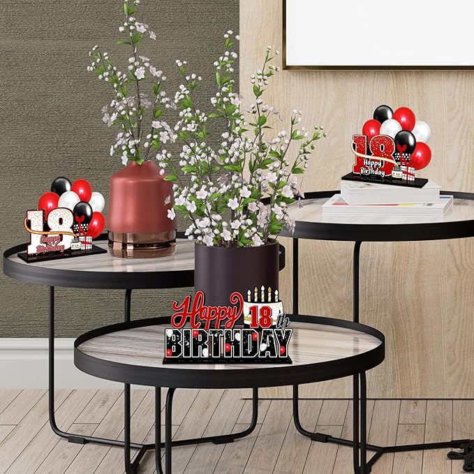 LINGTEER Happy 18th Birthday Red Acrylic Table Topper Centerpieces Set - Cheers to Eighteen Years Old Birthday 18th Bday Party Gift Decorations.