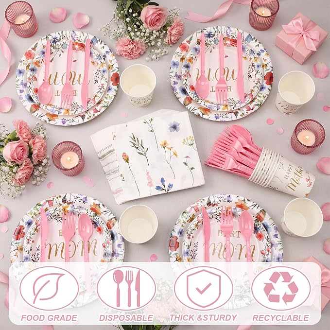 Yungyan 252 Pcs Mother's Day Wildflower Party Tableware Set Happy Mother's Day Floral Paper Plates Napkins Cups Forks Knives Cutlery for Party Decorations Supplies