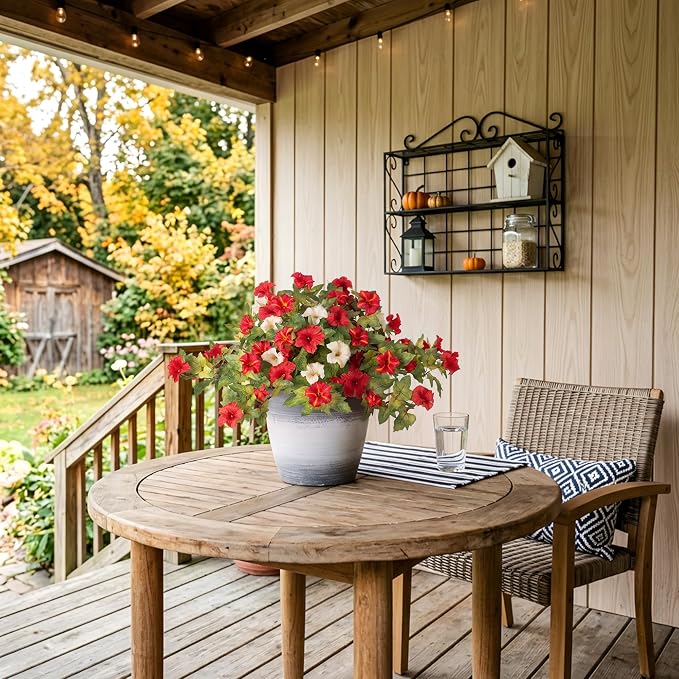 Ammyoo Artificial Fall Flowers Fake Petunias Plants for Outdoor Decoration | 2 Pcs No Maintenance Faux Silk Flowers UV Resistant Floral for Garden Window Porch Patio Real Looking Indoor Autumn Decor