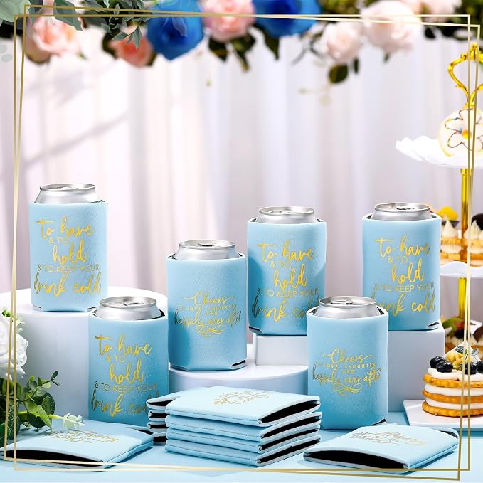 Qinyoung 50 Pieces Light Blue Wedding Can Cooler Sleeves Bulk Engagement Party Favors for Guests Cheers to Love Laughter and Happily Ever After Rehearsal Dinner Decorations for Wedding Bridal