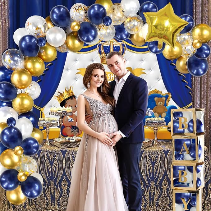 122 PCs Royal Prince Baby Shower Decorations for Boy, Fiesec A Little Prince Is On The Way Its Royal Baby Shower Backdrop Balloon Garland Banner Cake Cupcake Topper Crown Star Blue White Gold