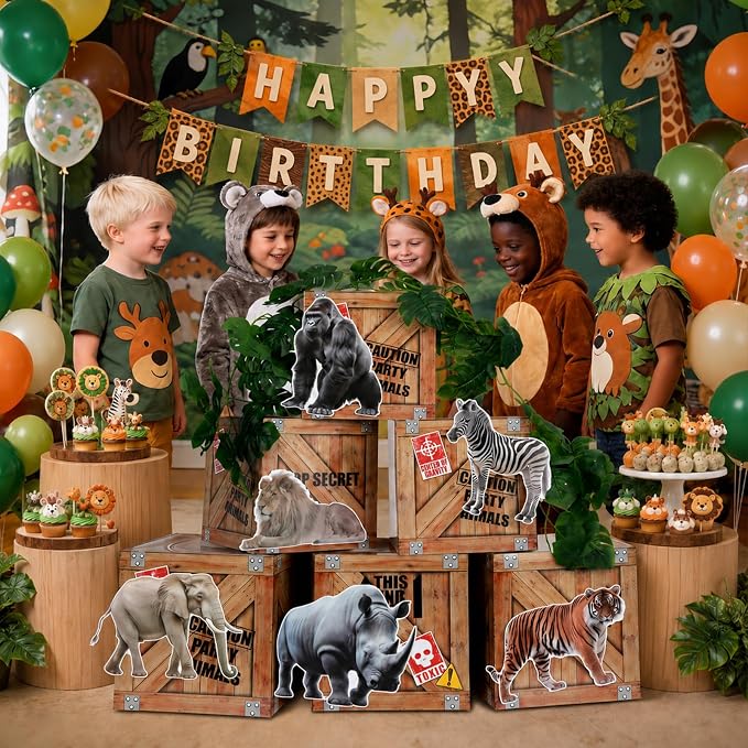 party greeting Jungle Animals Birthday Party Decorations Safari Animals Party Boxes Decor Woodland Zoo Boxes Wild Animal Photo Booth Props for Safari Theme Baby Shower Birthday Party Supplies