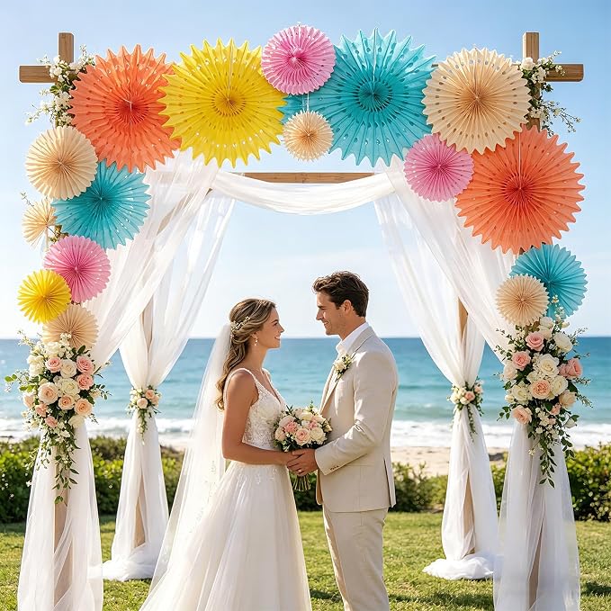 SUNBEAUTY Pack of 11 Peach Pink Yellow Mint Green Hanging Honeycomb Round Paper Fans for Birthday Baby Shower Bachelorette Anniversary Wedding Photo Booth Backdrop Party Decoration