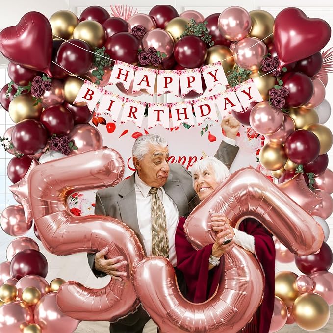 Burgundy Birthday Decorations, Burgundy Rose Gold White Balloons Happy Birthday Banner Tablecloth Backdrop for Happy Birthday Decorations for Women Adults