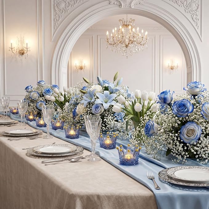 Rubtlamp 6 Pack Blue Votive Crown Candle Holders with Gold Tips, Glass Tealight Candle Holders Candlestick for Table Centerpieces Wedding Party Dinner Home Table Decor