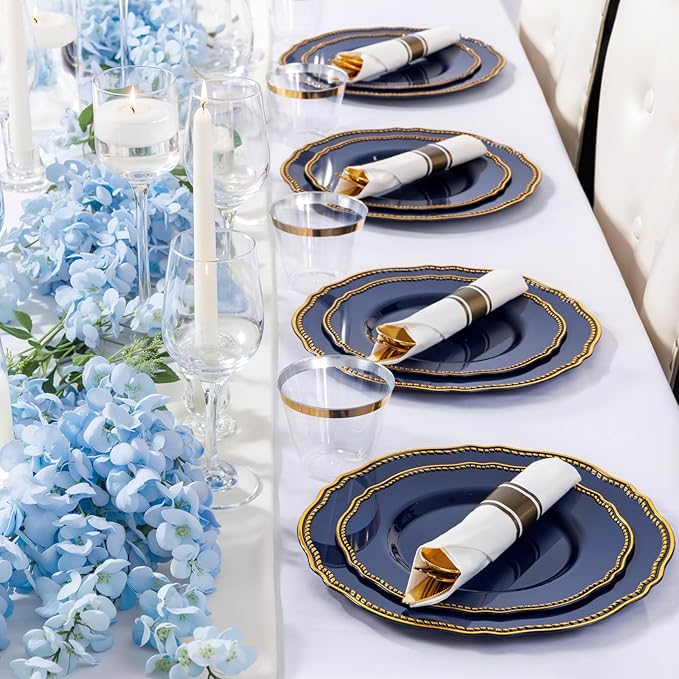 Hioasis 175pcs Blue Gold Plastic Plates - Gold Plastic Dinnerware Set Includes 25 Dinner Plates, 25 Dessert Dinnerware, 25 Cups, 25 Napkins Perfect for Wedding & Party