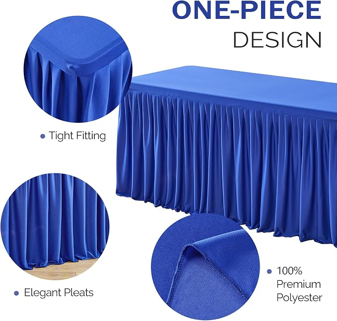 PARTISKY 1 Pack Royal Blue Tablecloths for Rectangle Tables 8ft, Wrinkle Resistant Spandex Table Cover Fitted Stretch Table Cloth with Pleated Ruffle Skirts for Party Banquet Dining Birthday Wedding