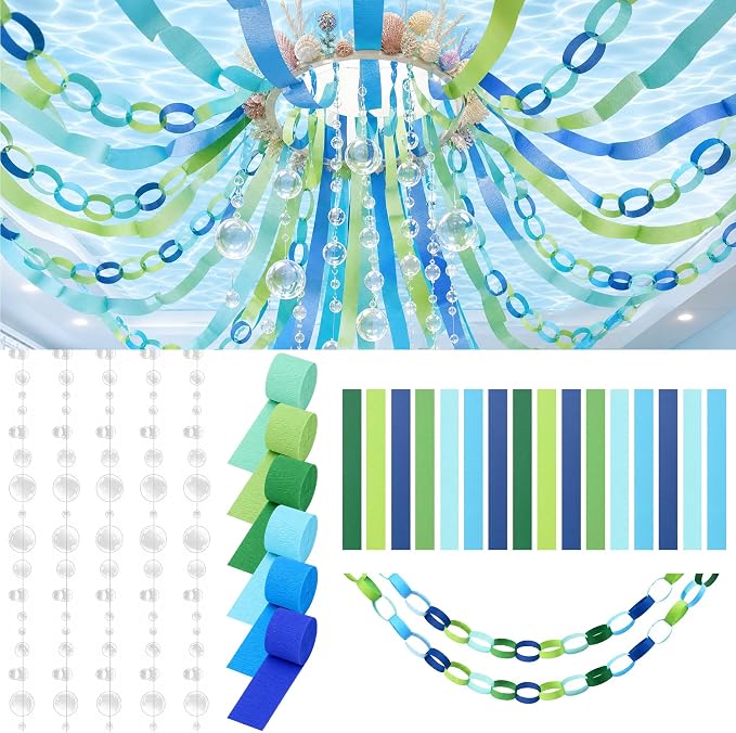 500 Sheets Under The Sea Paper Chain Strips Garlands Set, 492ft Blue Green Crepe Paper Streamers and 33ft Clear Bubble Garland for Ocean Theme Birthday Party Baby Shower Hanging Decorations