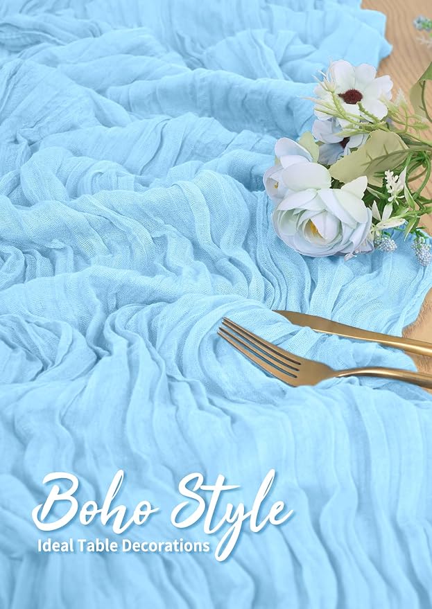 Light Blue Cheesecloth Table Runner 6 Pack 10FT - Boho Gauze Sheer Rustic Crinkled Table Runners for Wedding Party Baby Shower Bridal Decor